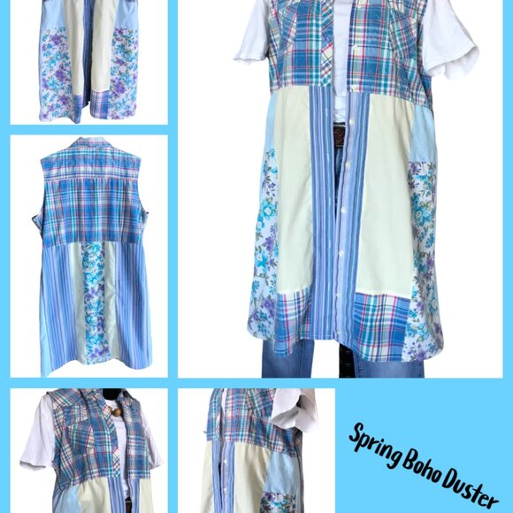 Patchwork Duster, Size L-XL: Upcycled Boho Sleeveless Floral Button-Down Dress - Picture 13 of 13